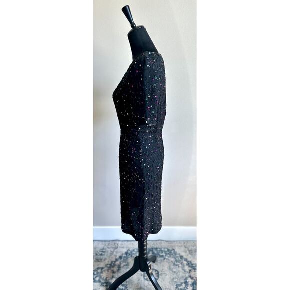NWT Vintage Women's Cut Silk Black Rainbow Beaded Midi Cocktail Dress Size 4 - Picture 4 of 7
